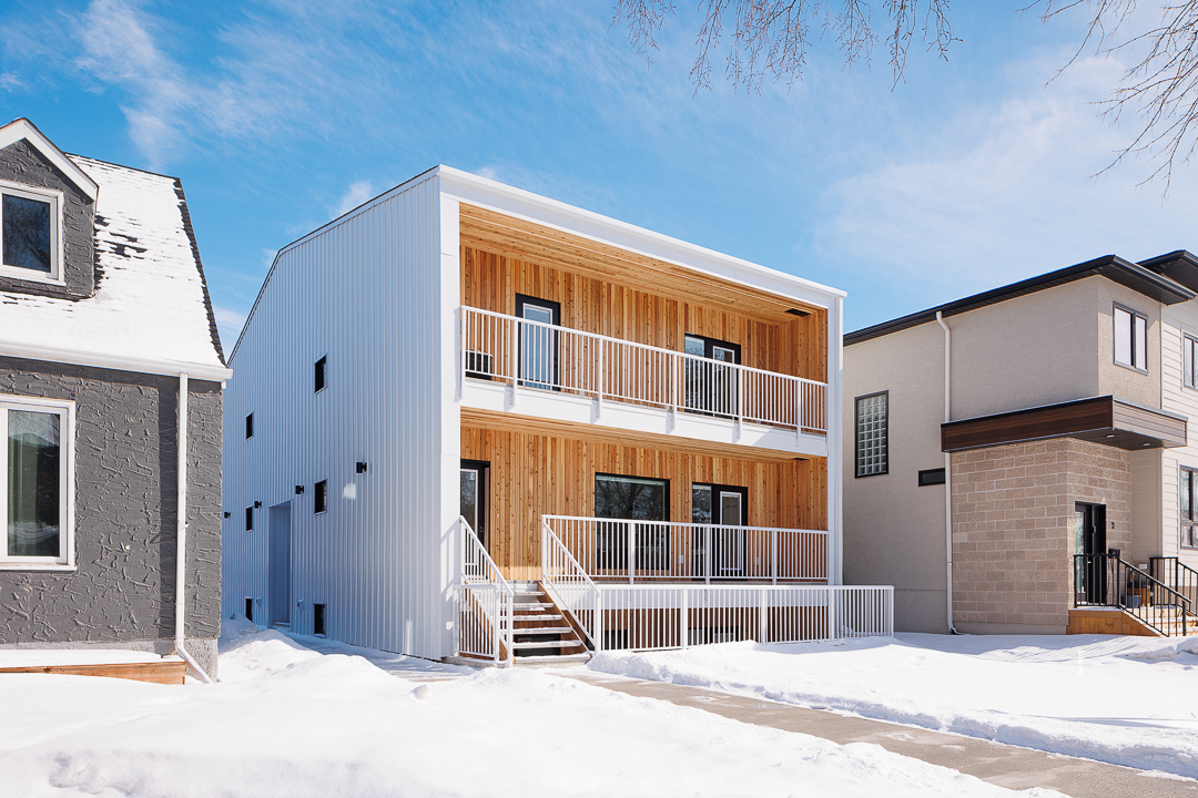 Front exterior of 100 Des Meurons in winter