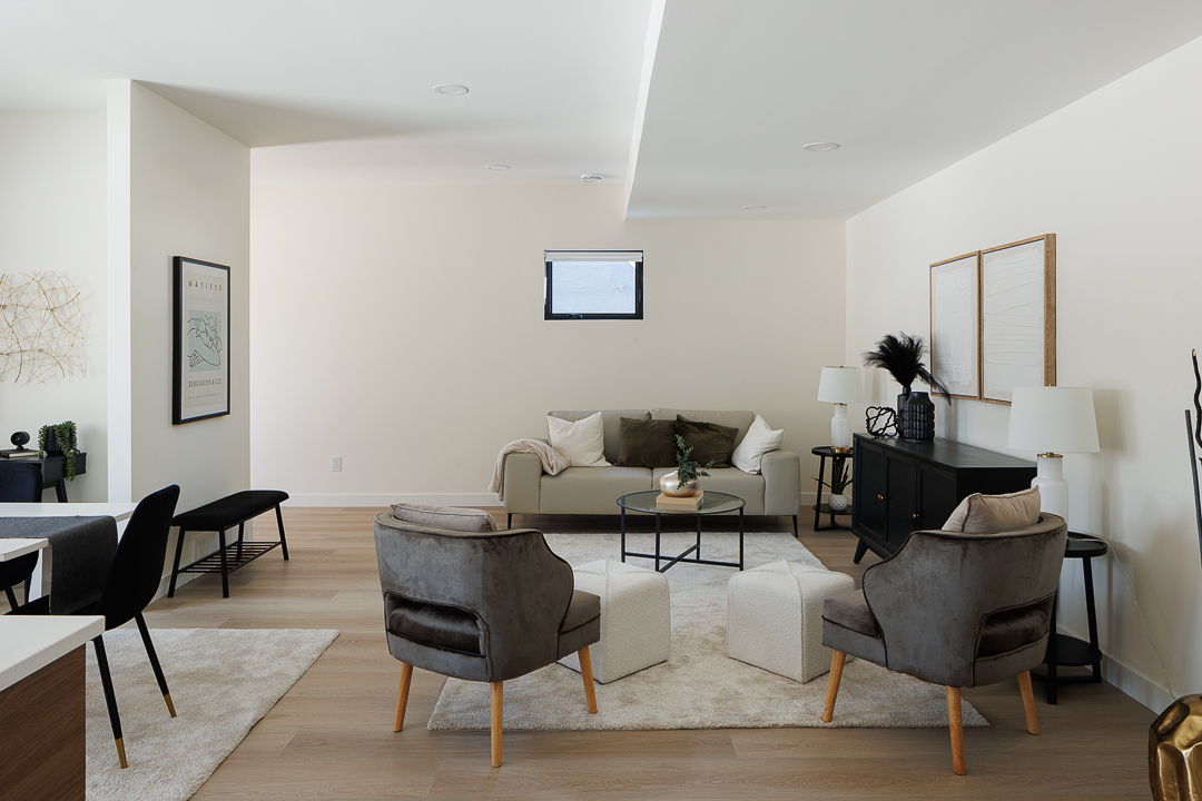 Bright living room with velvet armchairs