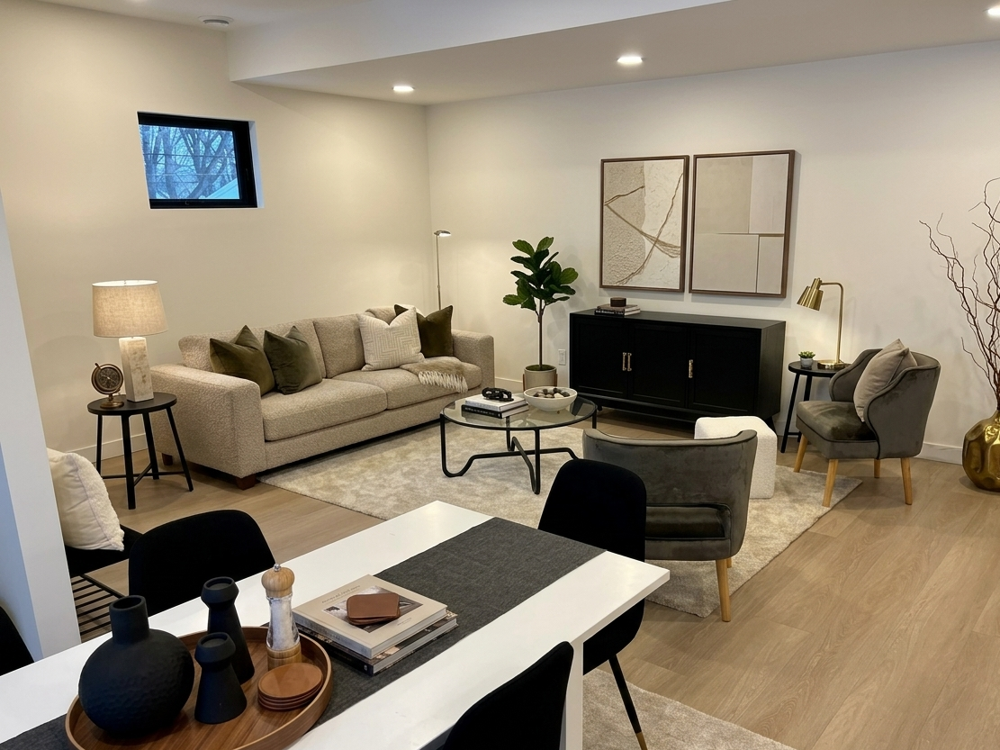 Unit 02 — 2 bedroom lower-level living room, east side